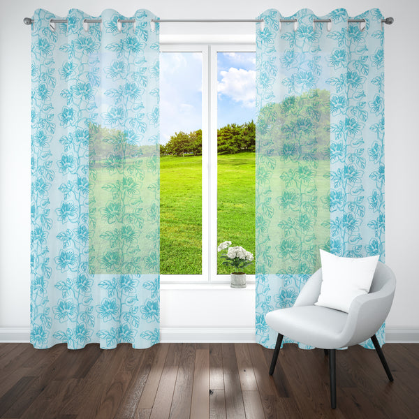 Skyblue Sheer Tissue With Embroidery Floral Design Eyelet Window Curtain