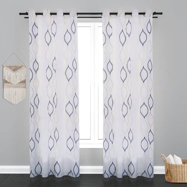 Sheer Tissue Eyelet Geometric Design Blue Window Curtain