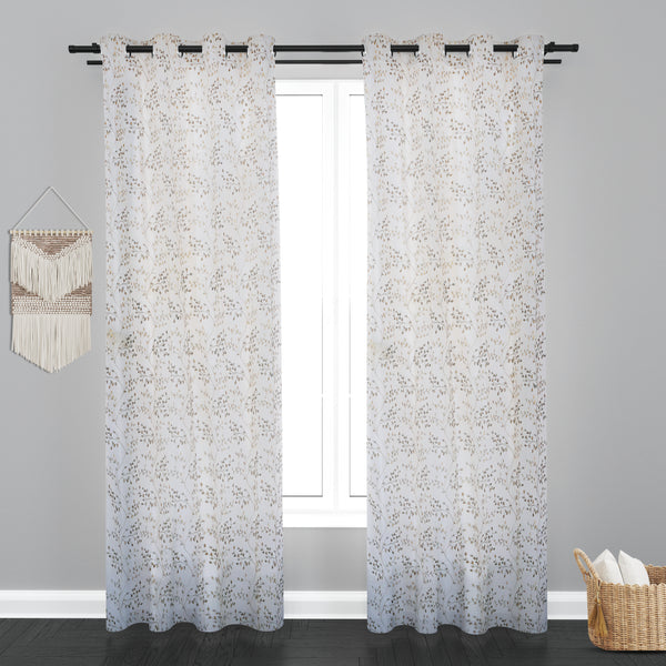 Sheer Tissue Eyelet Leaf Design Brown Window Curtain