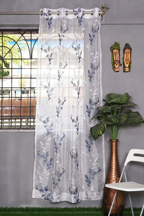 Sheer Tissue Eyelet Leaf Design Blue Window Curtain