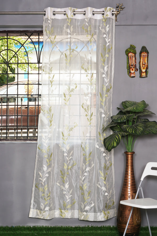 Sheer Tissue Eyelet Leaf Design Green Window Curtain