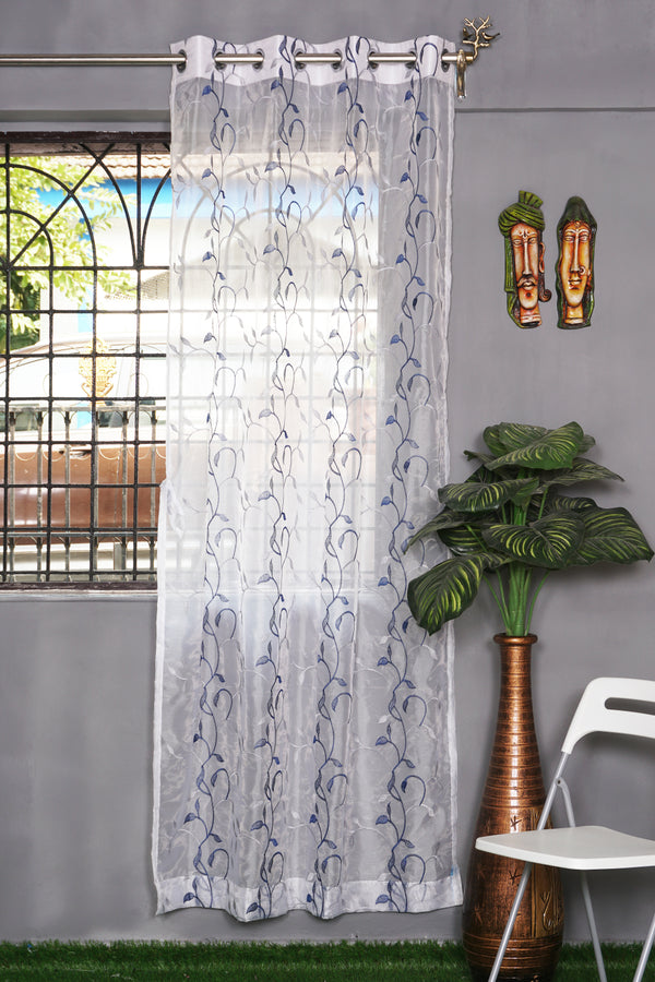 Sheer Tissue Eyelet Leaf Design Blue Window Curtain