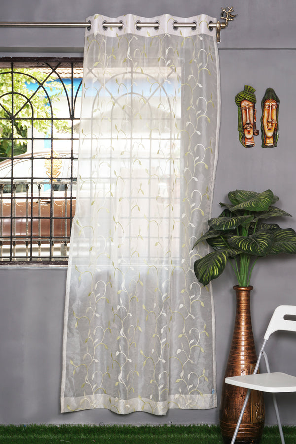 Sheer Tissue Eyelet Leaf Design Green Window Curtain