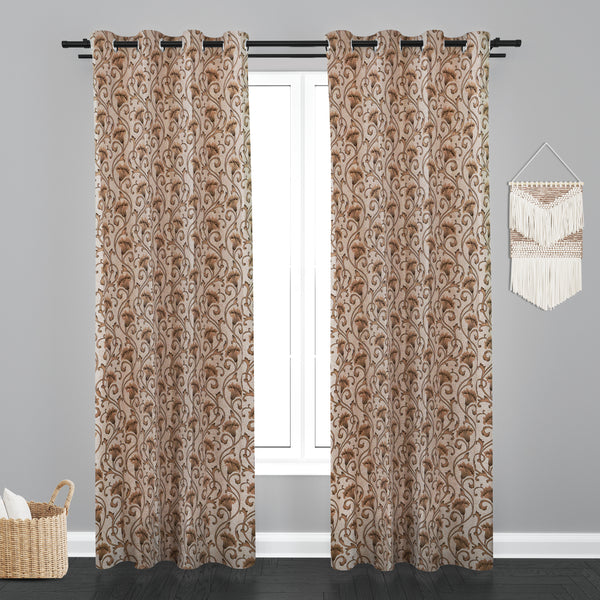 Vieena  Floral Design Jaquard Fabric Curtain -Light Brown
